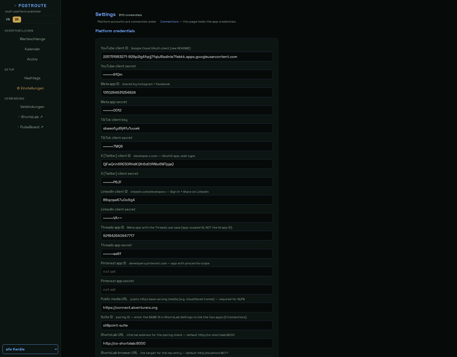 Einstellungen mit den Zugangsdaten der Entwickler-Apps