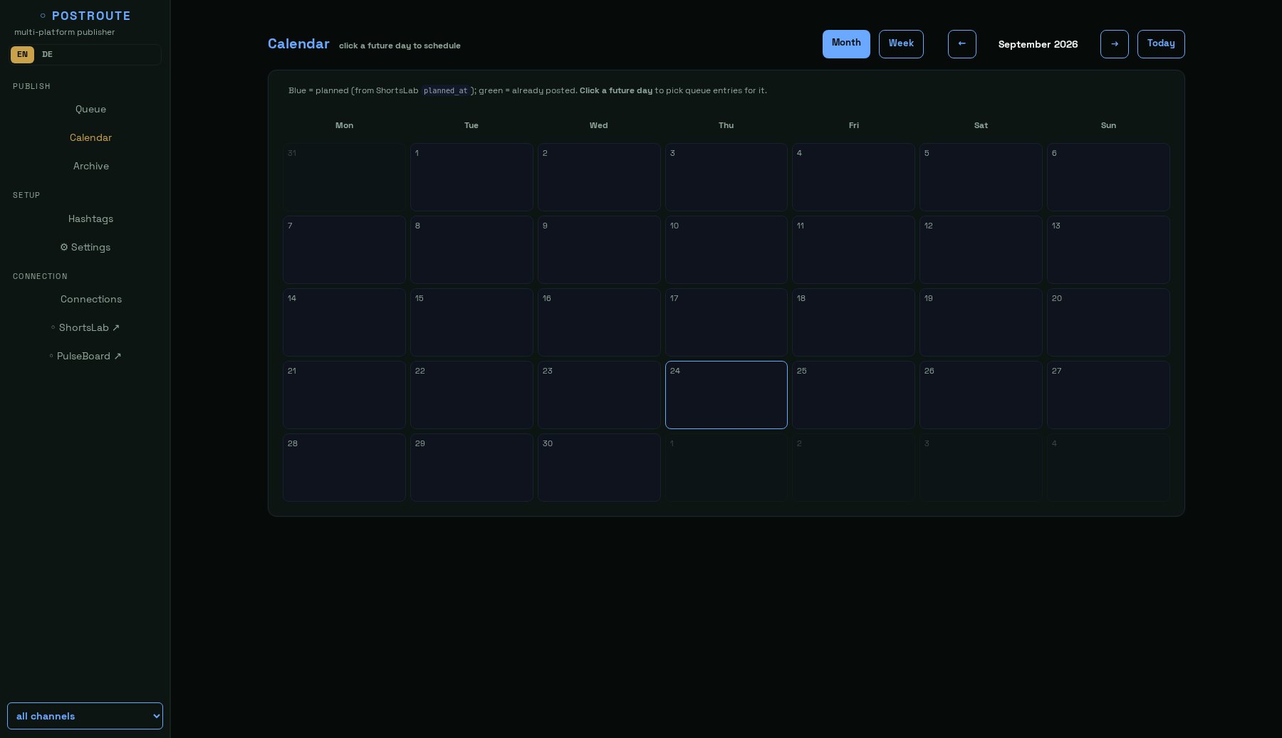 Month calendar with the colour legend for scheduled and published posts